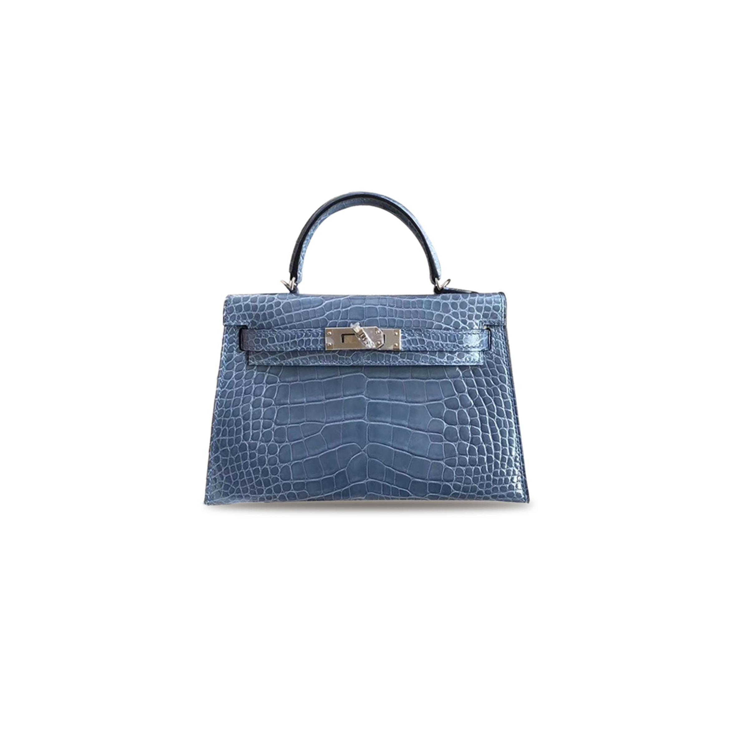 HERMÈS MASTER MINI KELLY II 75 BLUE JEAN ALLIGATOR SHINY CROCODILE (19*12*5.5cm)